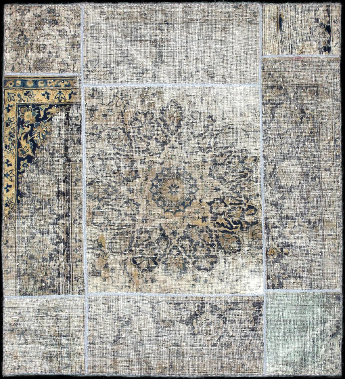 alfombra persa de estilo patchwork en dimensiones 178 centímetros de largo por 160 centímetros de ancho