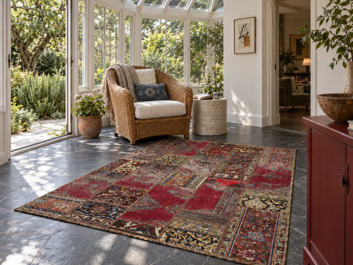 Persian Rey Patchwork Rug, 151x206 cm, mainly red — In a room
