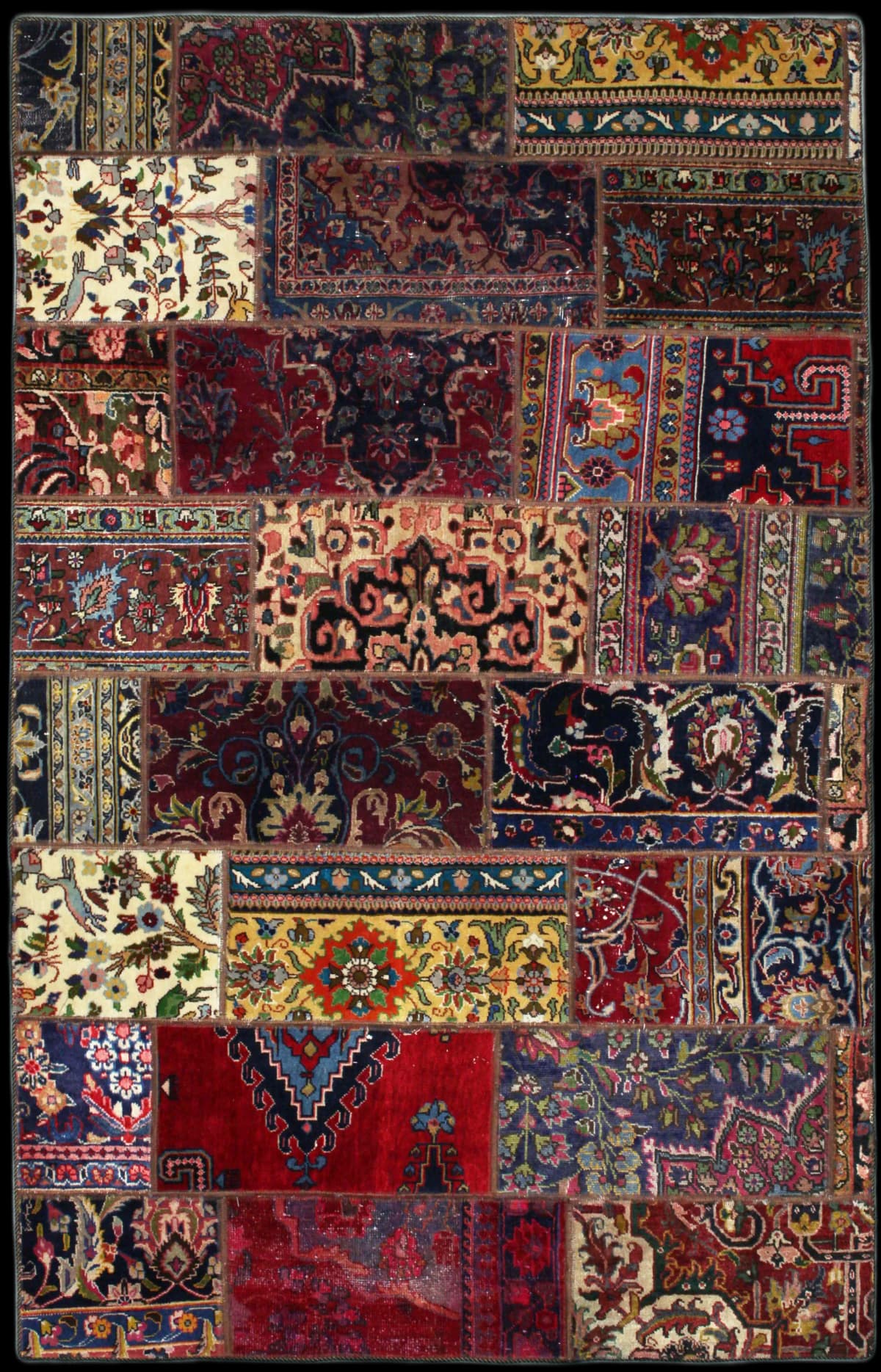 Persian rug of Patchwork style in dimensions 231 centimeters length by 151 centimeters width with mainly red and green colors