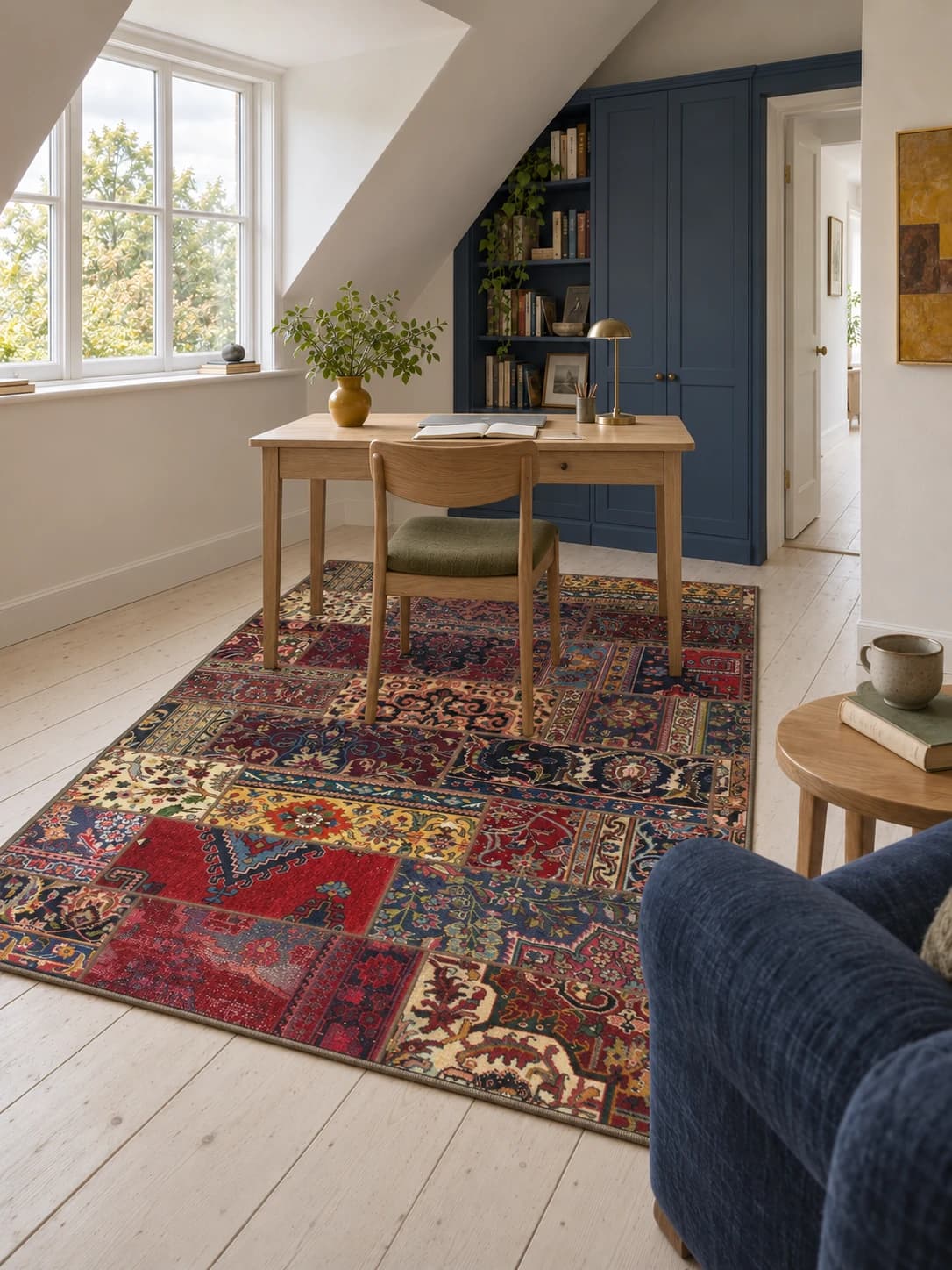 Persischer Patchwork-Teppich Rey, 151x231 cm, überwiegend in Rot und Grün — Im Raum