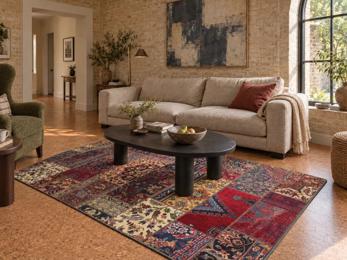 Persischer Patchwork-Teppich Rey, 151x231 cm, überwiegend in Rot und Grün — Im Raum