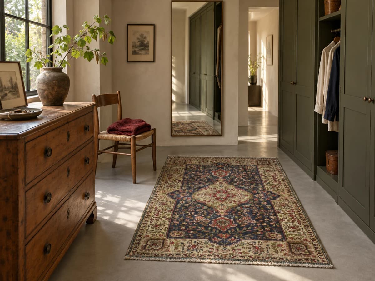 Perserteppich Tabriz, orientalisch, 110x153 cm, überwiegend in Grün und Blau — Im Raum