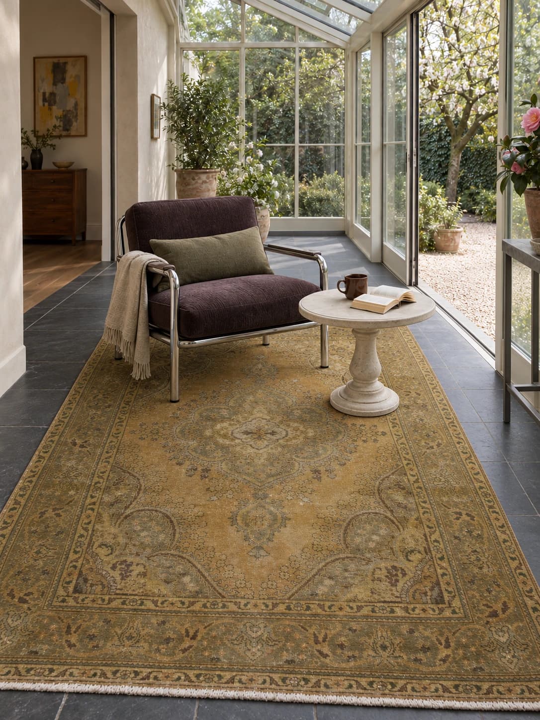 Persian rug, floral, 193x280 cm, mainly brown and yellow — In a room