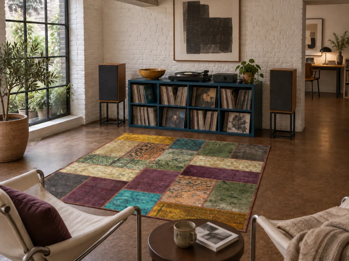 Persischer Patchwork-Teppich Rey, 152x210 cm, bunt — Im Raum
