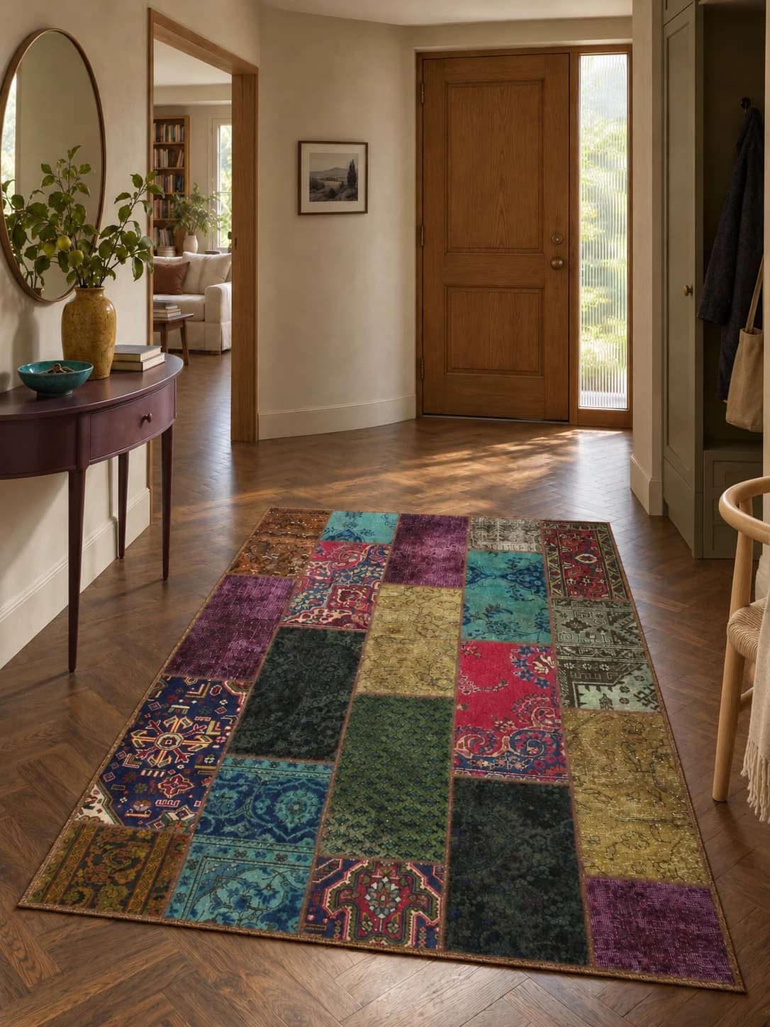 Persischer Patchwork-Teppich Rey, 152x205 cm, bunt — Im Raum