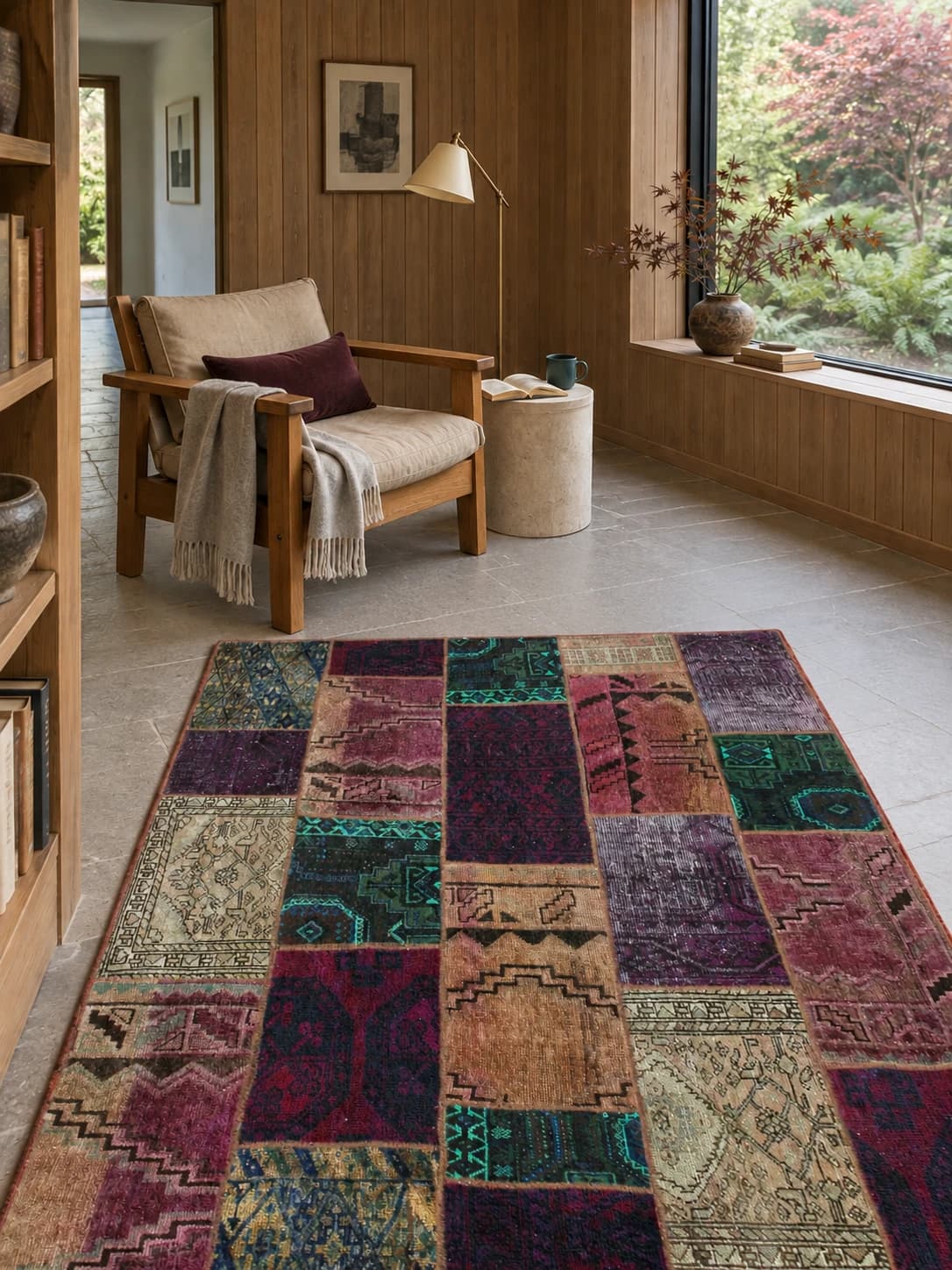 Persischer Patchwork-Teppich Rey, 150x206 cm, überwiegend in Grün und Lila — Im Raum
