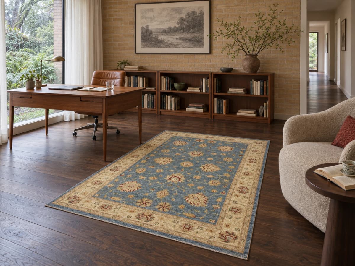 Pakistanischer Ziegler-Teppich, 139x200 cm, überwiegend in Blau und Gelb — Im Raum