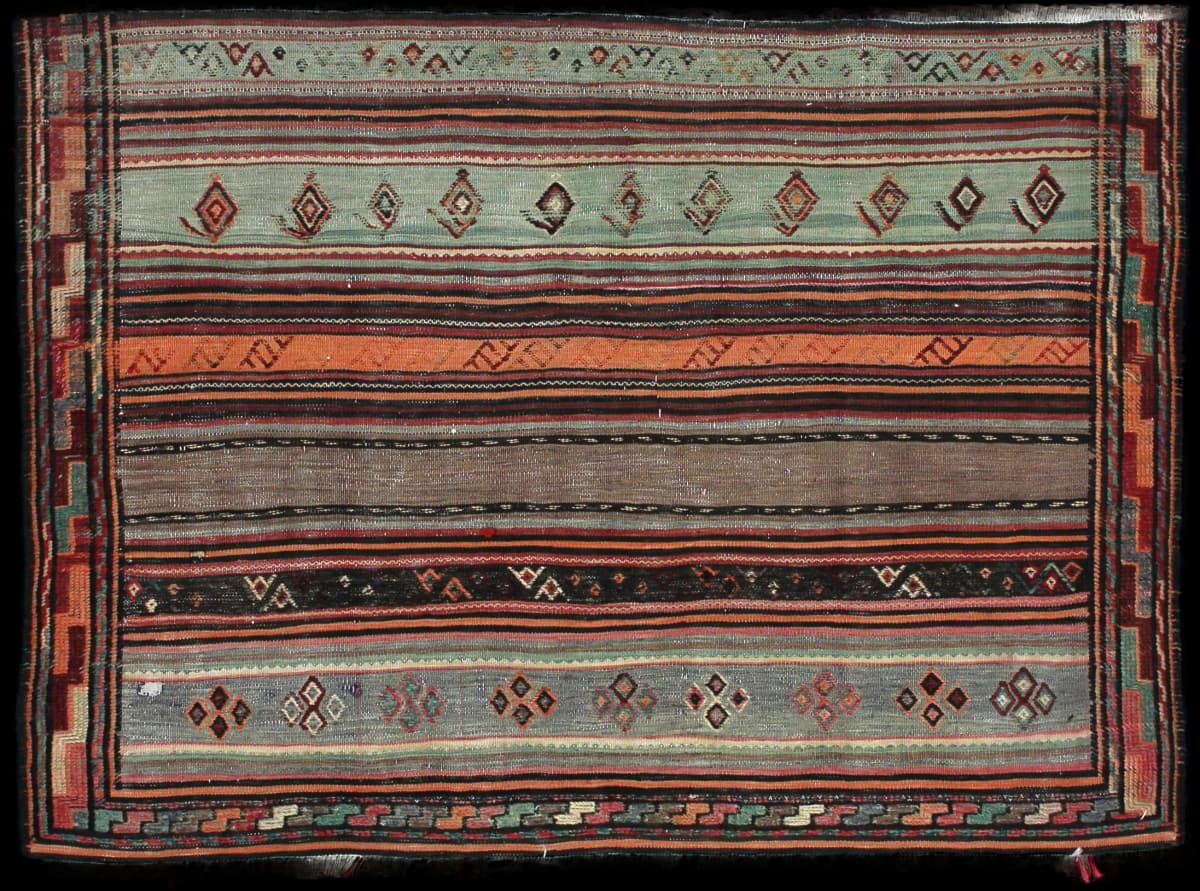 Persian rug of Sumak style in dimensions 148 centimeters length by 108 centimeters width with mainly brown and turquoise colors