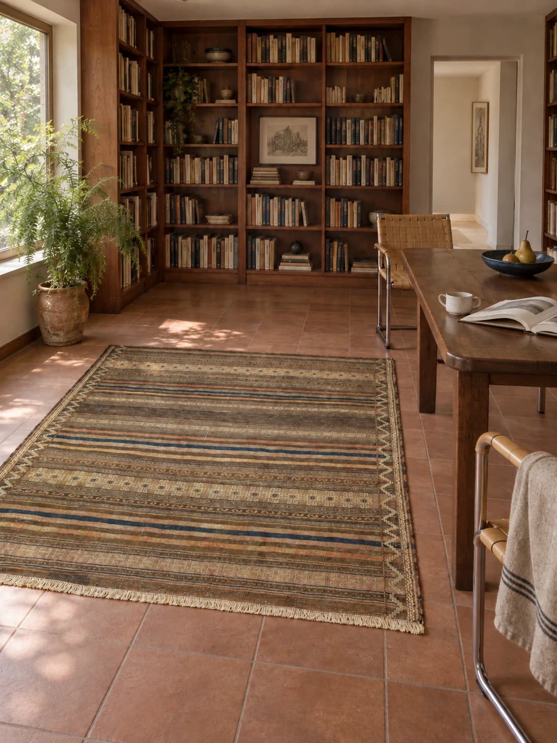 Persischer Kelim-Sumak-Teppich, 134x147 cm, überwiegend in Braun und Beige — Im Raum