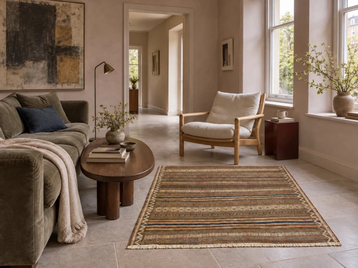 Persischer Kelim-Sumak-Teppich, 134x147 cm, überwiegend in Braun und Beige — Im Raum