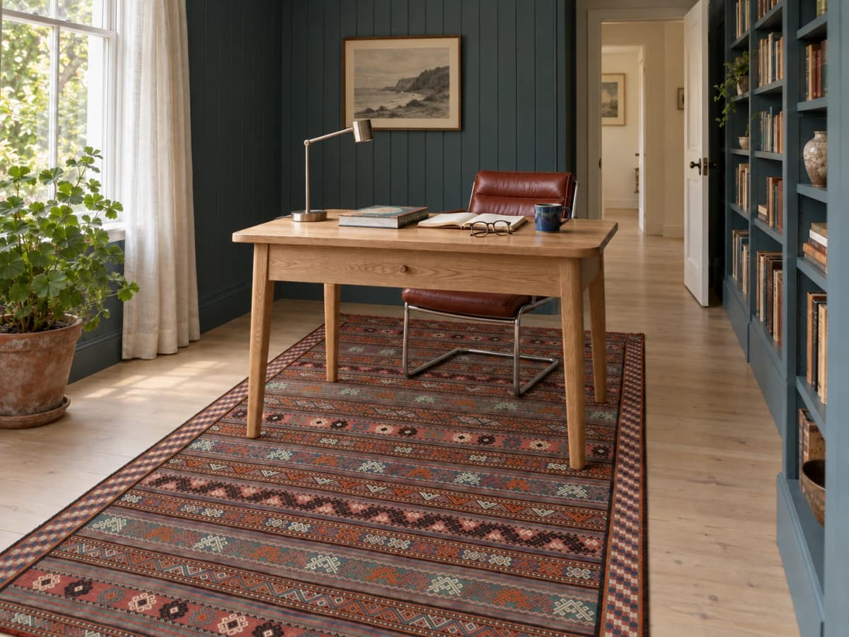 Tapis persan kilim soumak, 140x273 cm, principalement marron — Dans une pièce