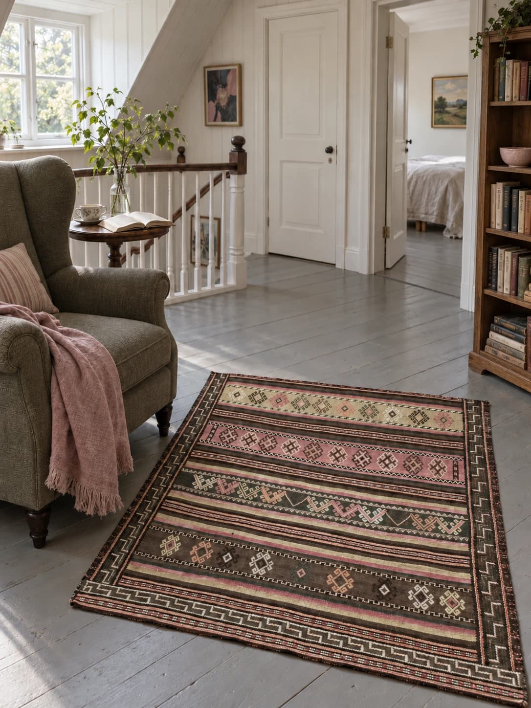 Persischer Kelim-Sumak-Teppich, 120x125 cm, überwiegend in Beige und Rosa — Im Raum