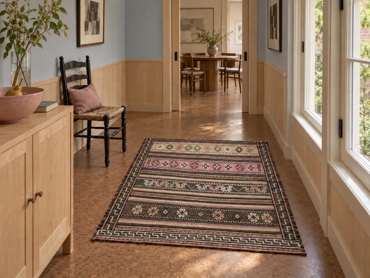 Persischer Kelim-Sumak-Teppich, 120x125 cm, überwiegend in Beige und Rosa — Im Raum