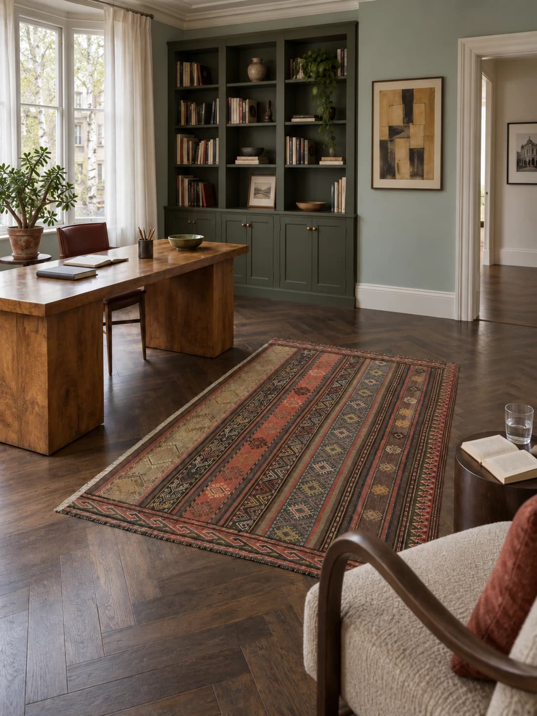 Tapis persan kilim soumak, 112x152 cm, principalement marron — Dans une pièce