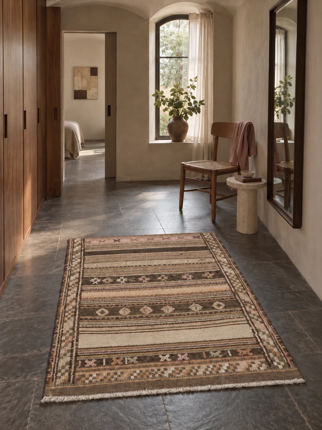 Tapis persan kilim soumak, géométrique, 110x146 cm, multicolore — Dans une pièce
