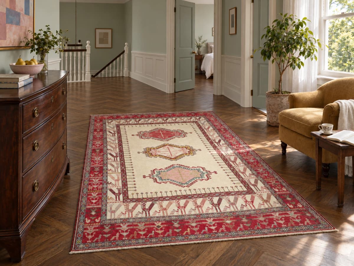 Perserteppich, orientalisch, 197x280 cm, überwiegend in Rot — Im Raum