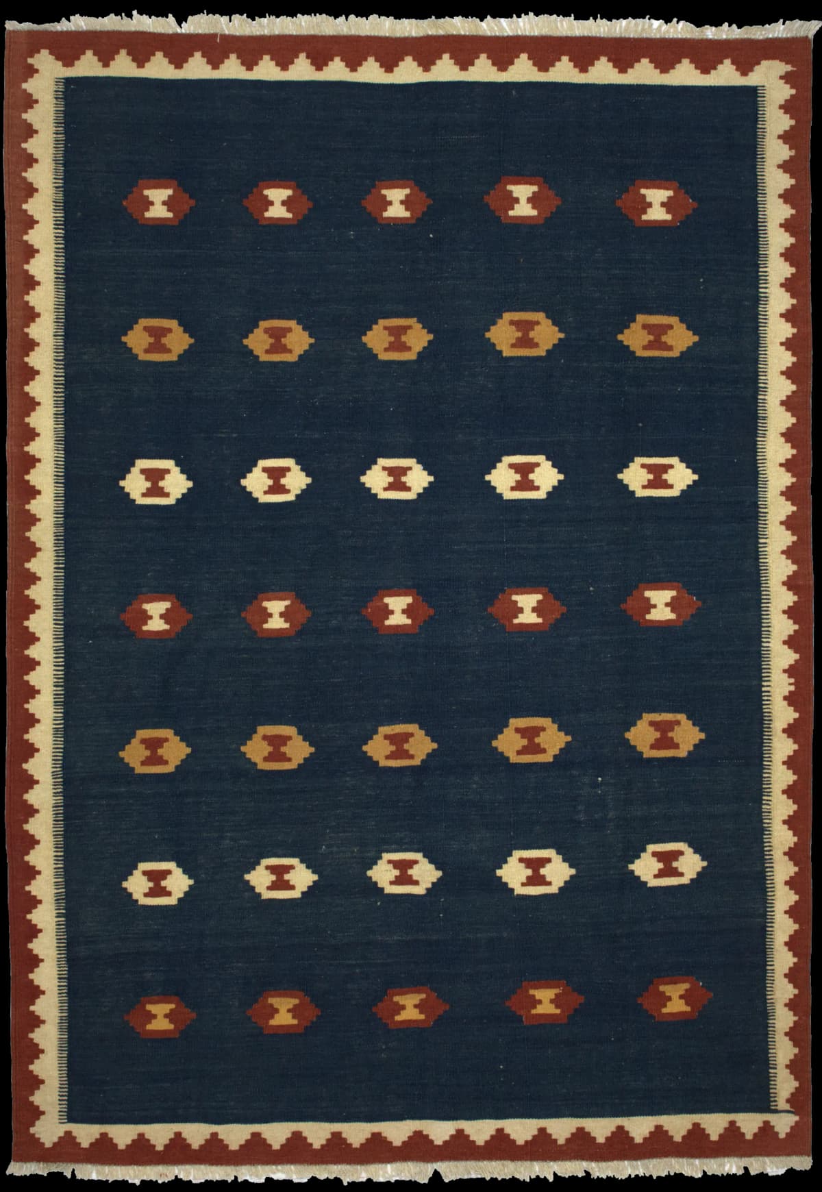 Persian rug of Kilim style in dimensions 238 centimeters length by 172 centimeters width with mainly blue colors