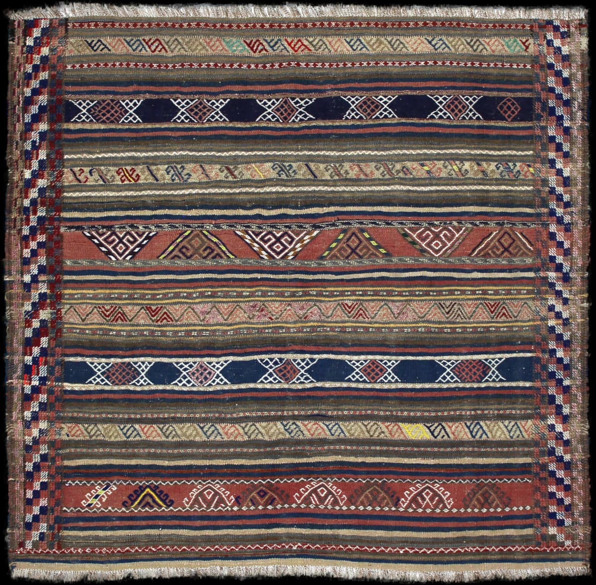 Persian rug of Sumak style in dimensions 153 centimeters length by 147 centimeters width with mainly blue and yellow colors