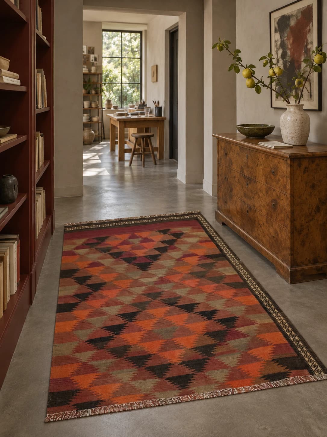 Persian rug, 136x167 cm, mainly brown and orange — In a room