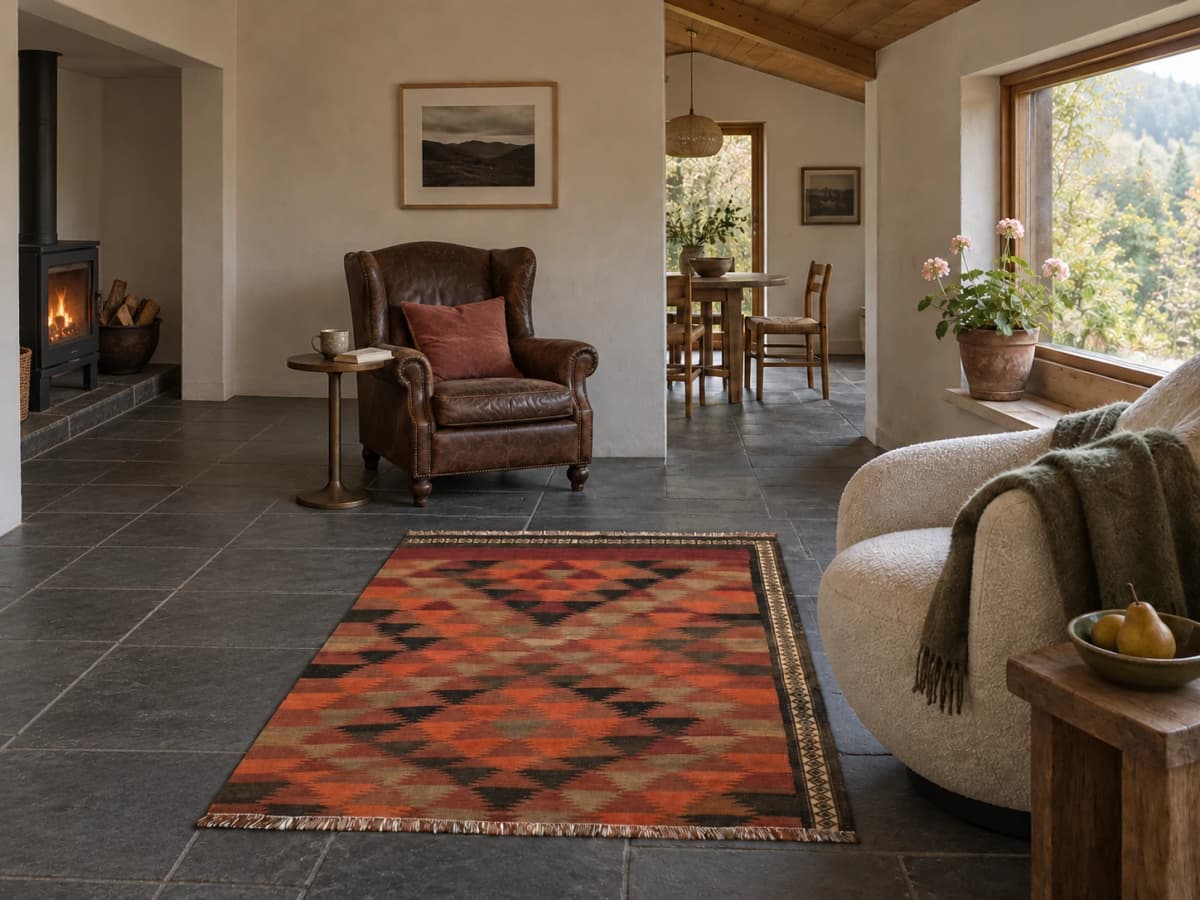 Persian rug, 136x167 cm, mainly brown and orange — In a room