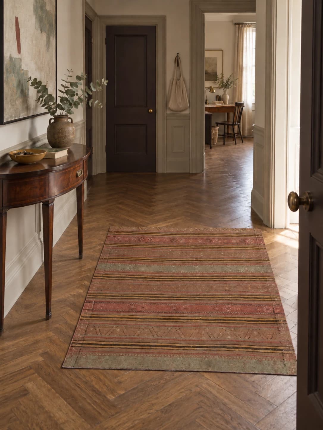Persian Sumak Kilim rug, geometric, 138x165 cm, mainly red — In a room