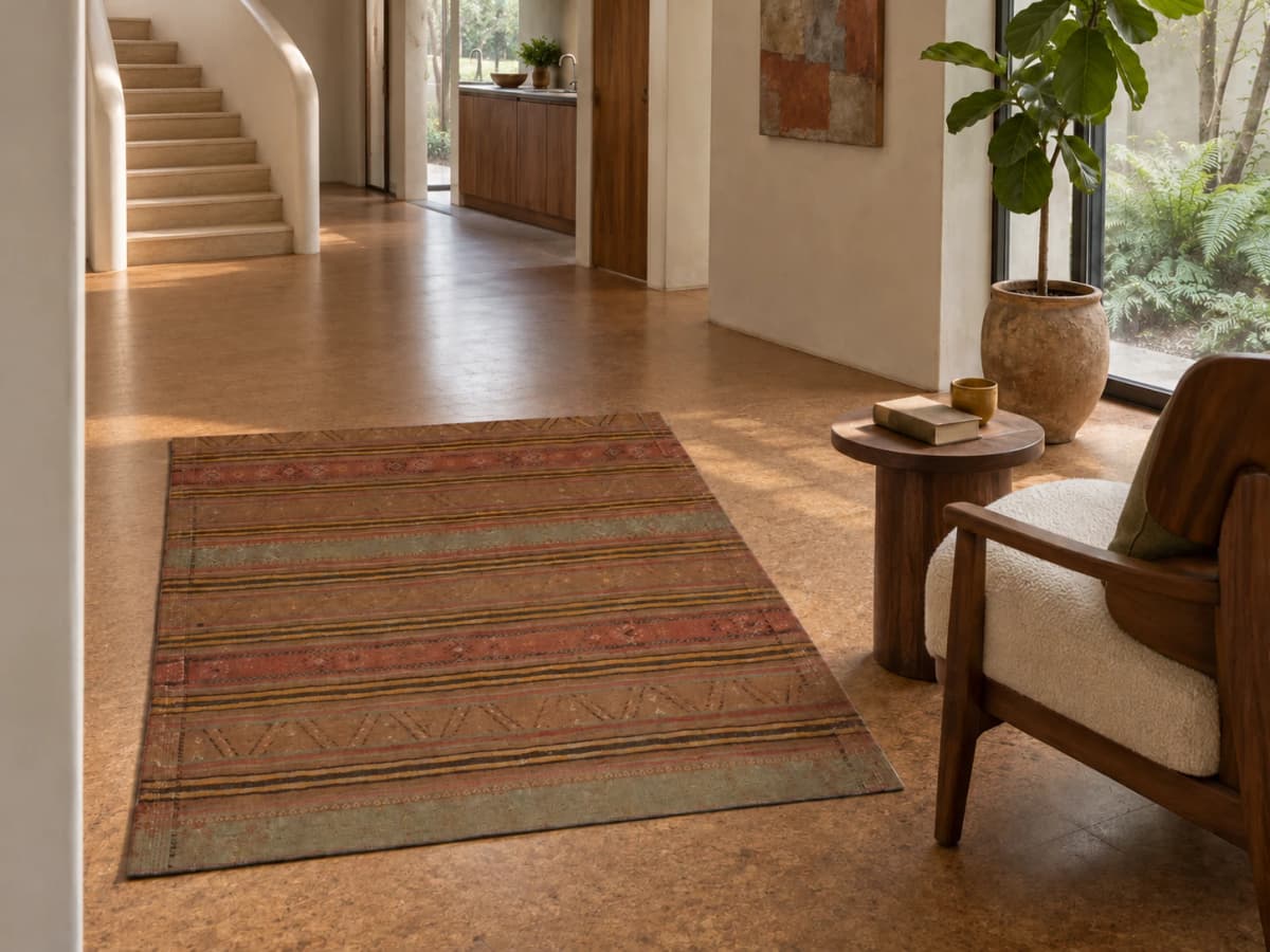 Persian Sumak Kilim rug, geometric, 138x165 cm, mainly red — In a room