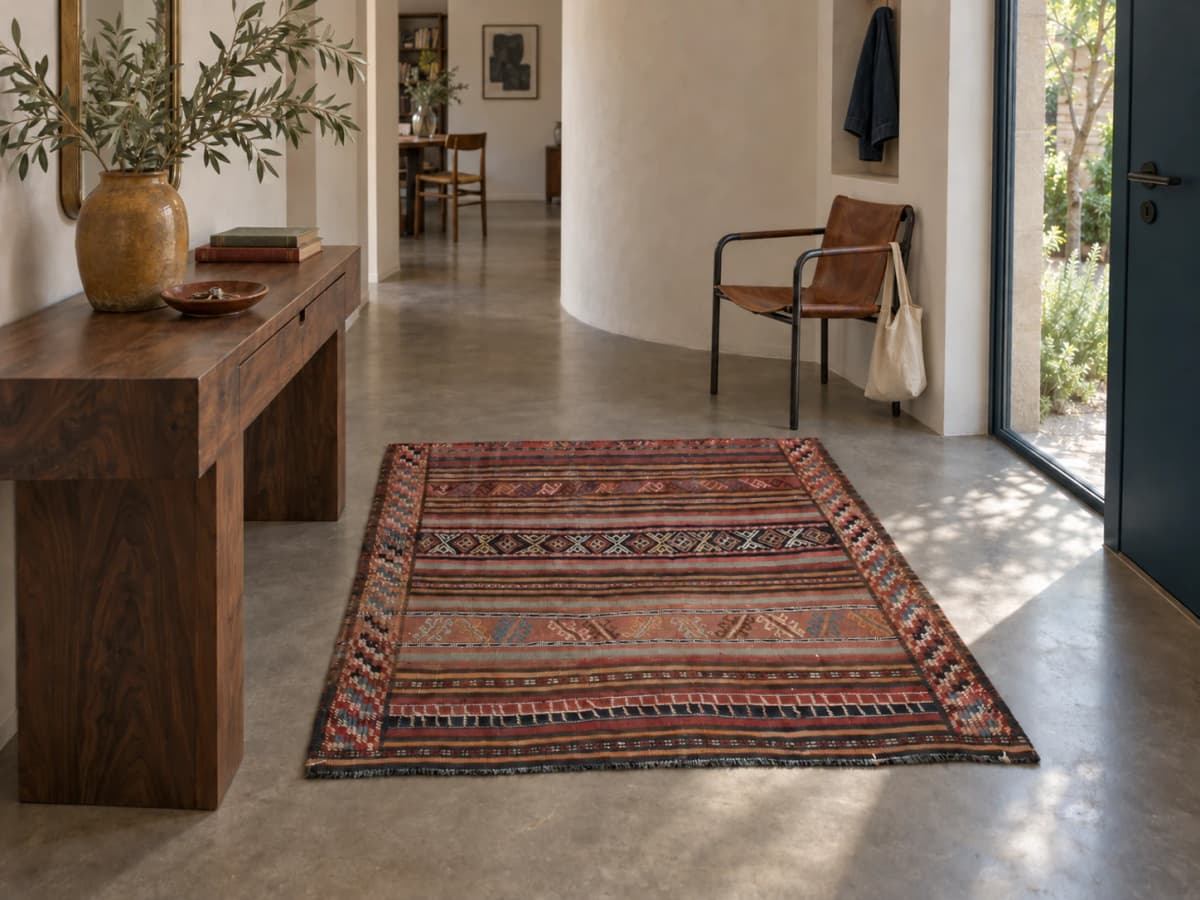 Tapis persan kilim soumak, 113x128 cm, principalement marron et rouge — Dans une pièce