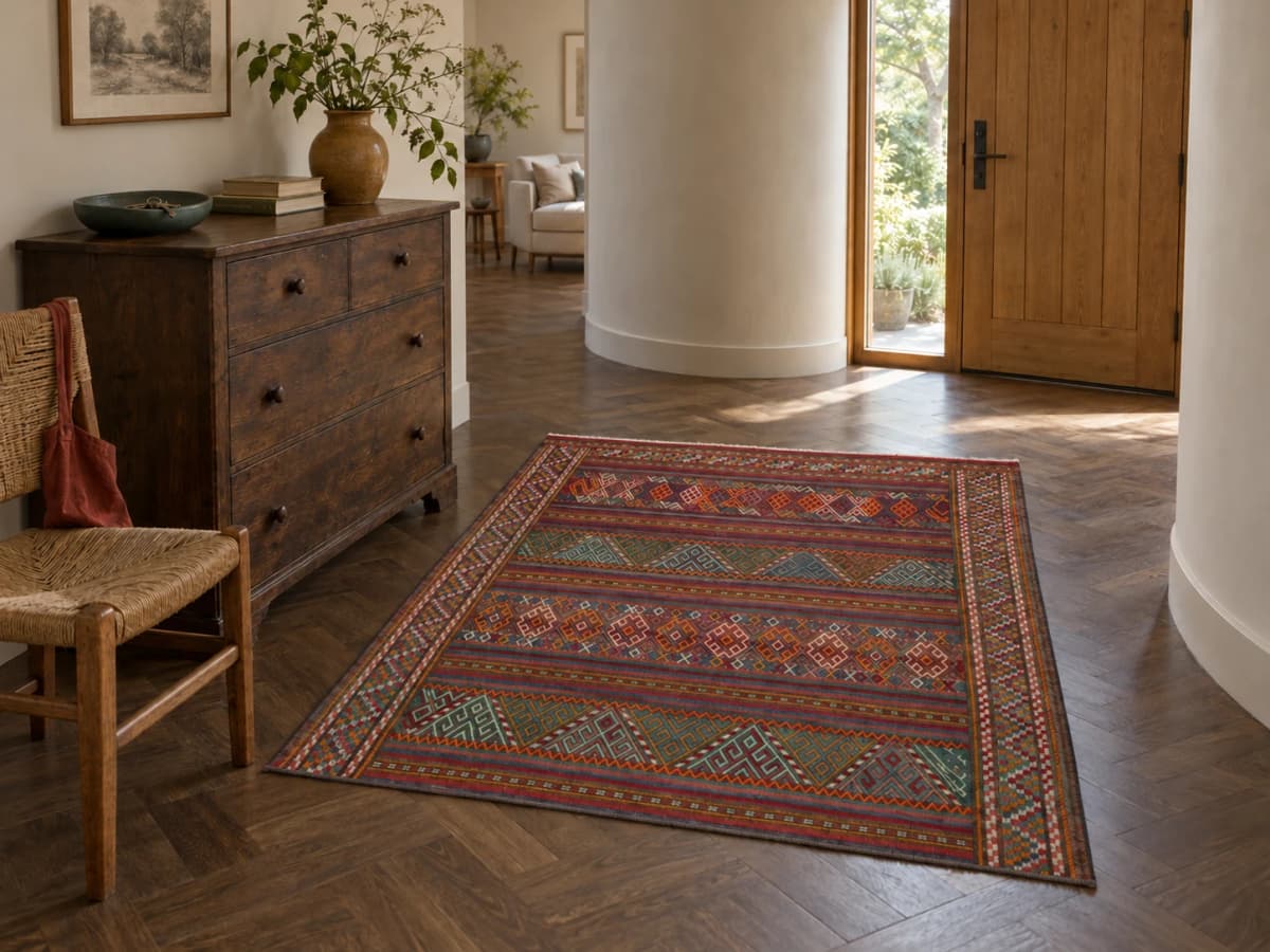 Tapis persan kilim soumak, 152x176 cm, principalement marron — Dans une pièce