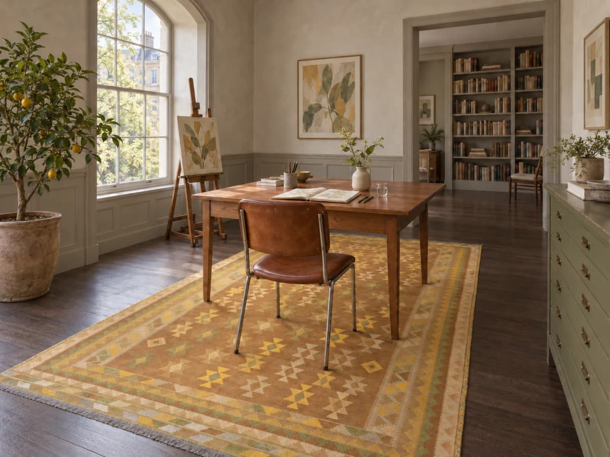 Persischer Kelim Khorasan, 147x285 cm, überwiegend in Gelb — Im Raum