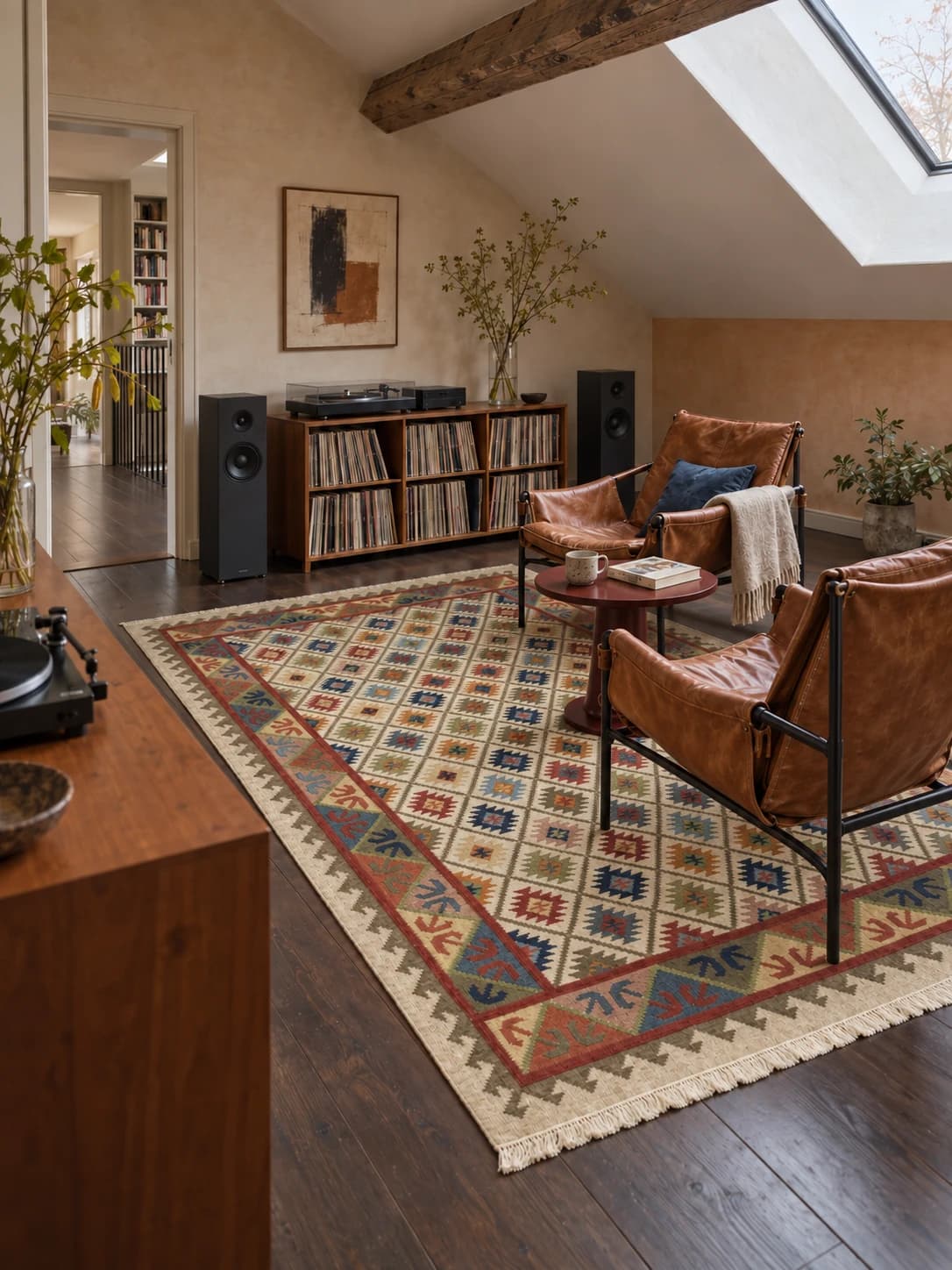 Tapis kilim indien, 183x274 cm, principalement beige — Dans une pièce