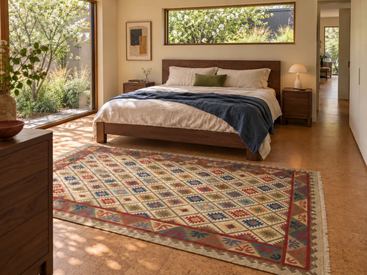 Tapis kilim indien, 183x274 cm, principalement beige — Dans une pièce