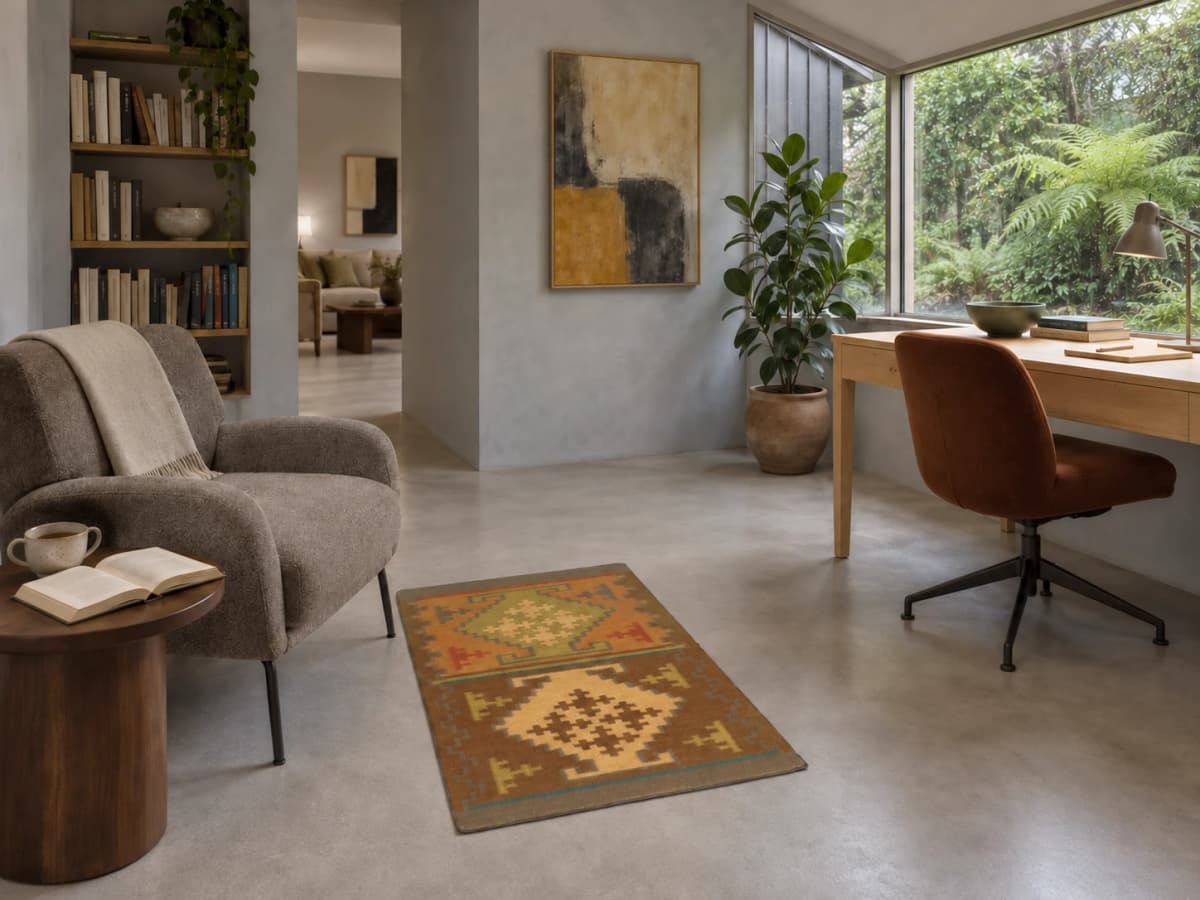 Tapis kilim indien, 60x90 cm, principalement marron — Dans une pièce