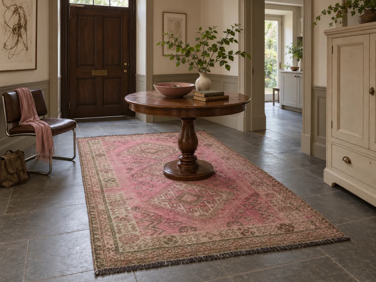 Perserteppich, orientalisch, 150x245 cm, überwiegend in Rosa — Im Raum