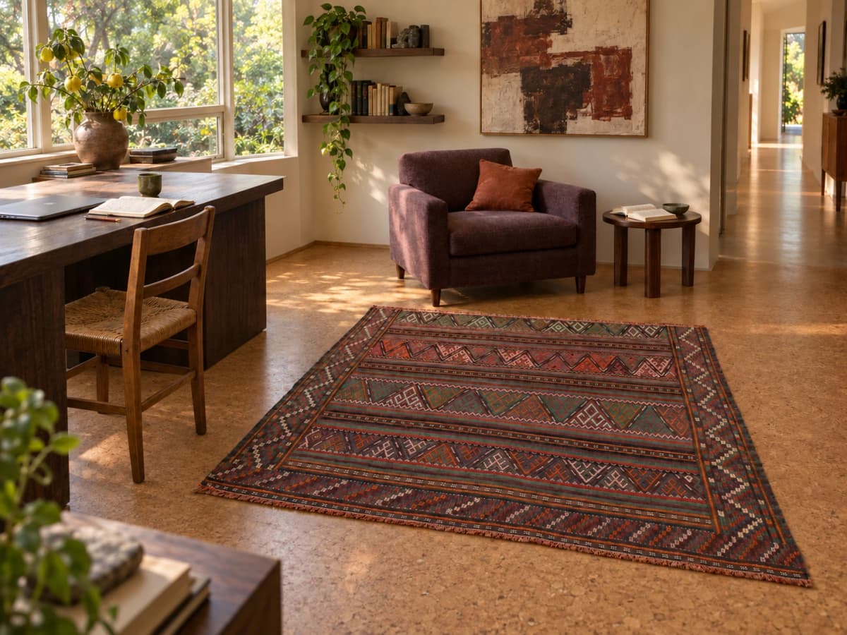Persischer Kelim-Sumak-Teppich, 135x155 cm, überwiegend in Grün und Braun — Im Raum