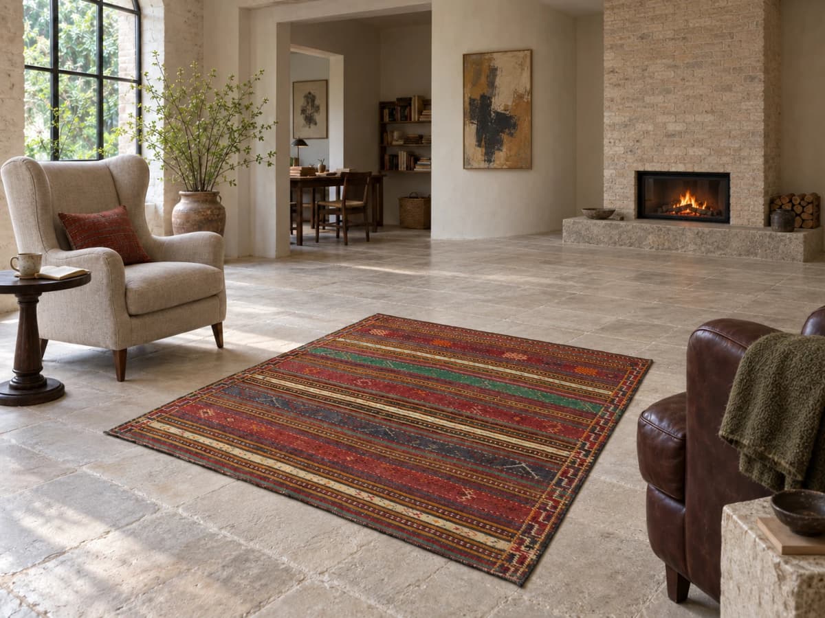 Tapis persan kilim soumak, géométrique, 150x185 cm, principalement marron — Dans une pièce