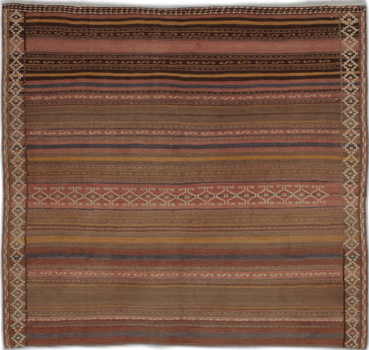 rug in dimensions 144 centimeters length by 135 centimeters width with mainly brown and pink colors