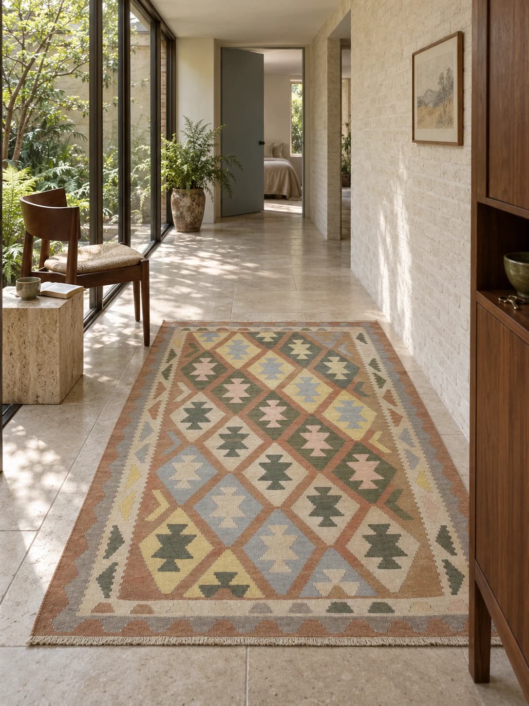 Tapis kilim persan, 140x225 cm, principalement vert et jaune — Dans une pièce