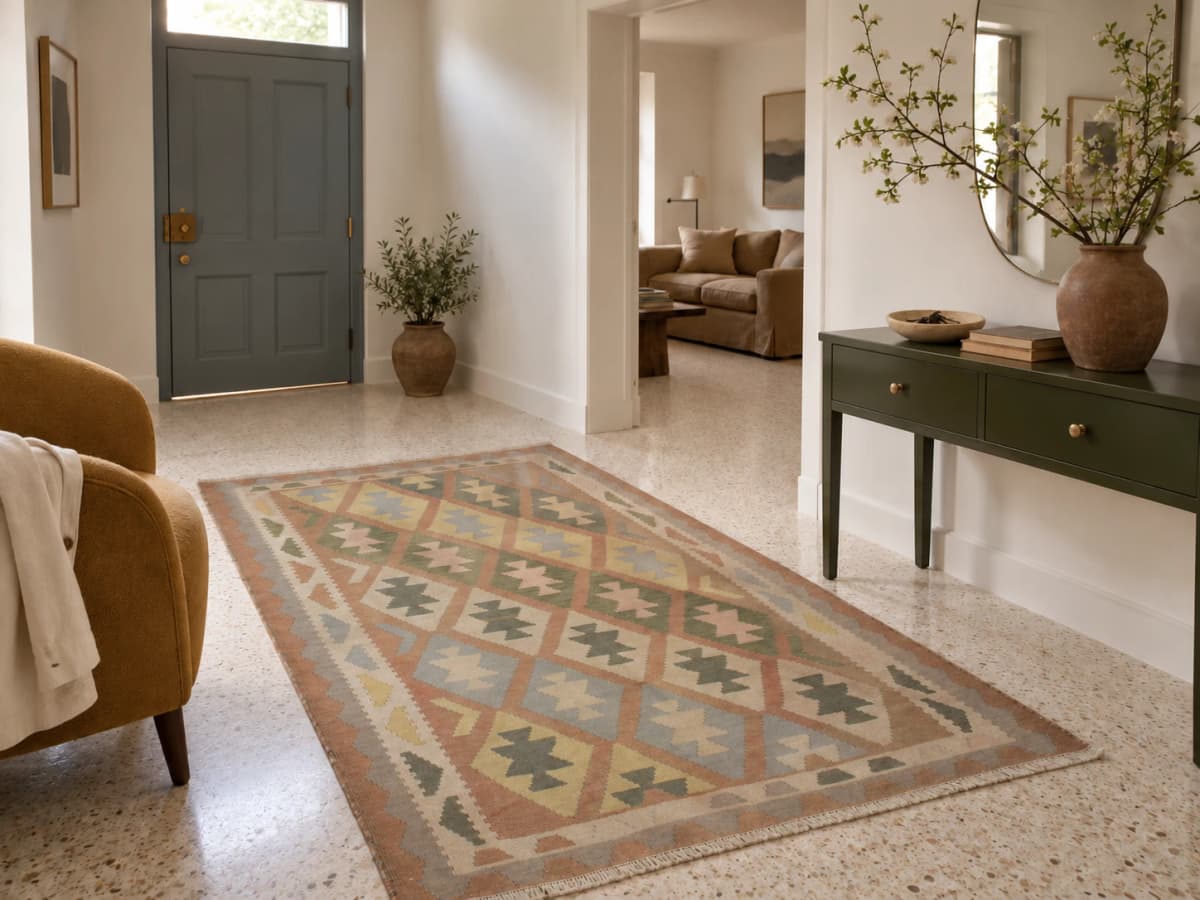 Tapis kilim persan, 140x225 cm, principalement vert et jaune — Dans une pièce