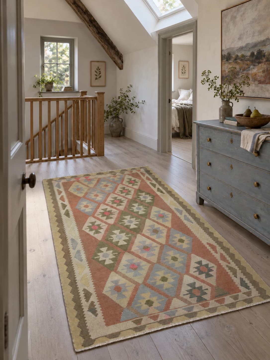 Persischer Kelim, 136x222 cm, überwiegend in Beige und Grün — Im Raum