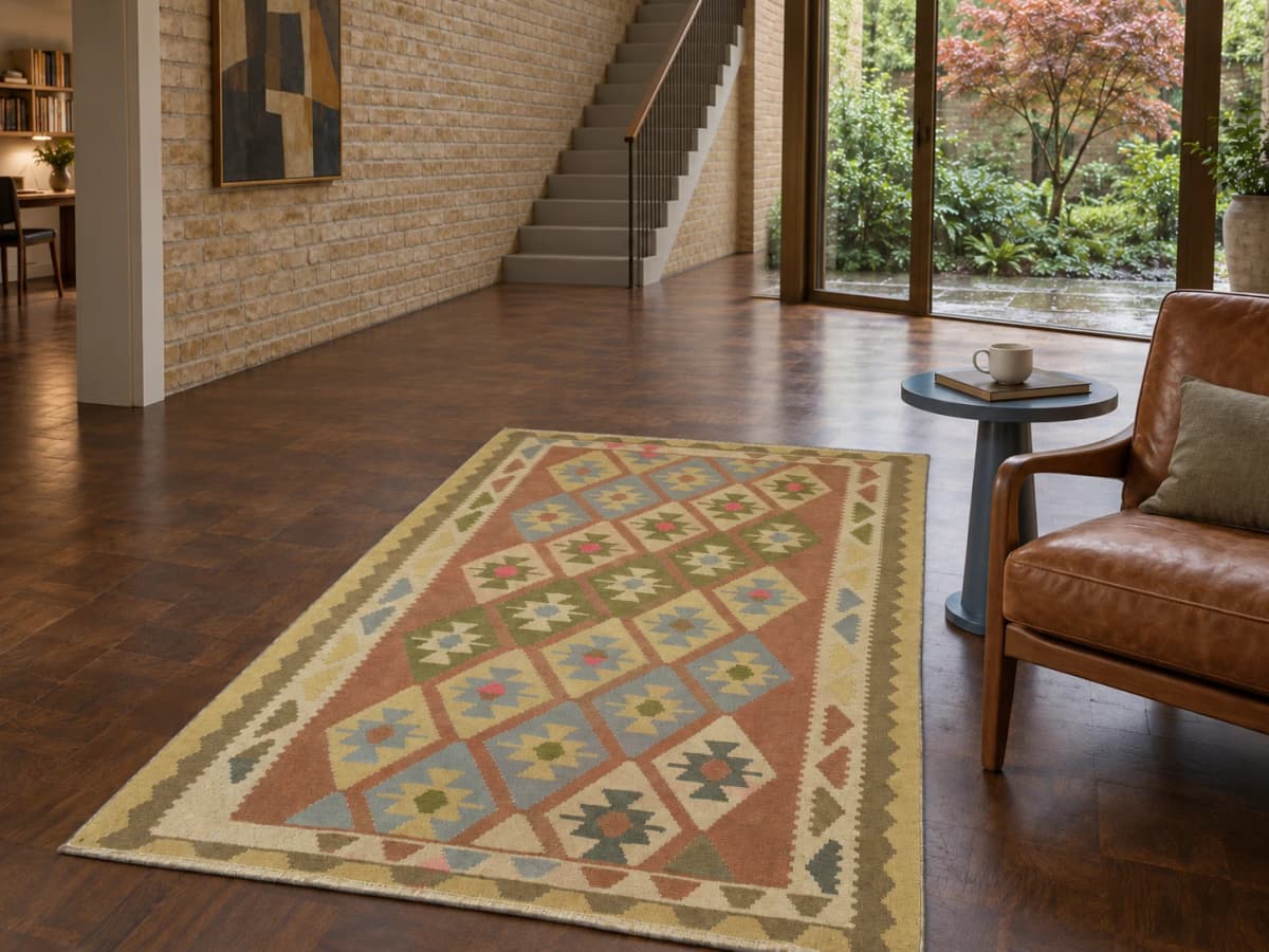 Persischer Kelim, 136x222 cm, überwiegend in Beige und Grün — Im Raum