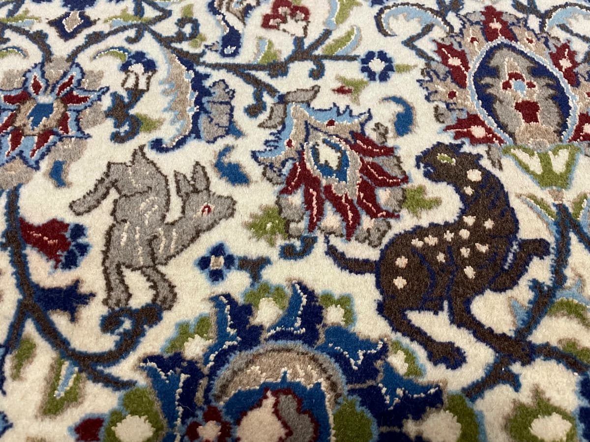Tapis persan Nain, oriental, 192x200 cm, principalement beige et bleu — Gros plan de la texture