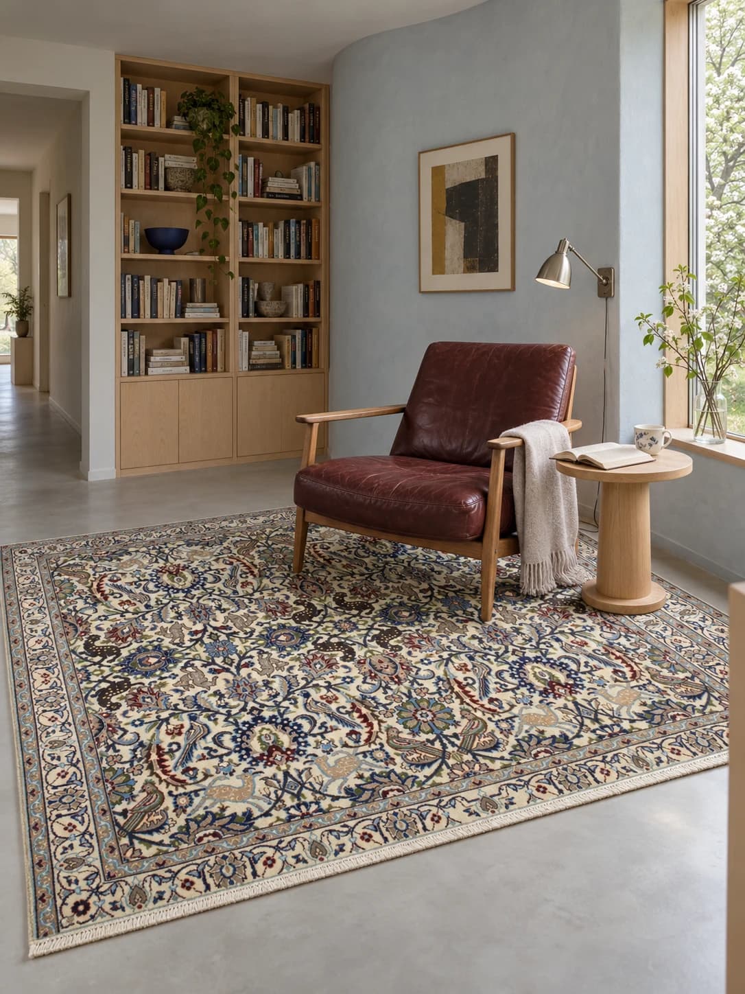 Tapis persan Nain, oriental, 192x200 cm, principalement beige et bleu — Dans une pièce