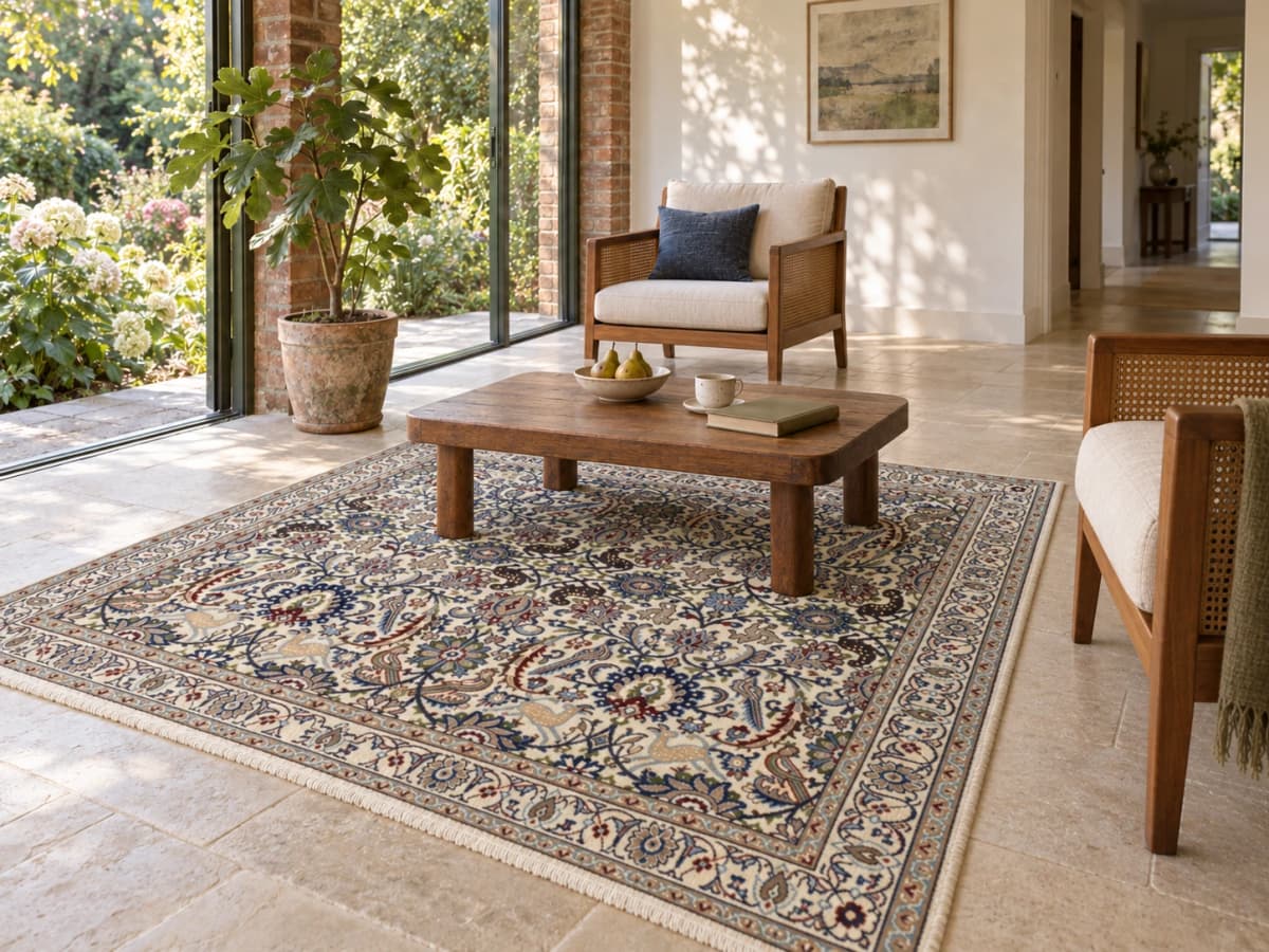 Tapis persan Nain, oriental, 192x200 cm, principalement beige et bleu — Dans une pièce
