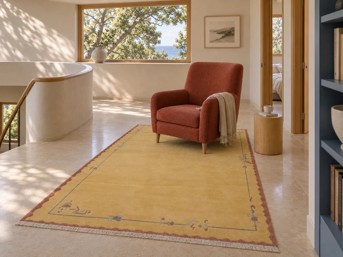 Tapis népalais tibétain, oriental, 170x245 cm, principalement orange — Dans une pièce