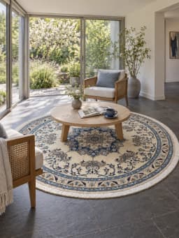 Alfombra persa Nain redonda, 200 cm de diámetro, principalmente en blanco y azul — En una habitación
