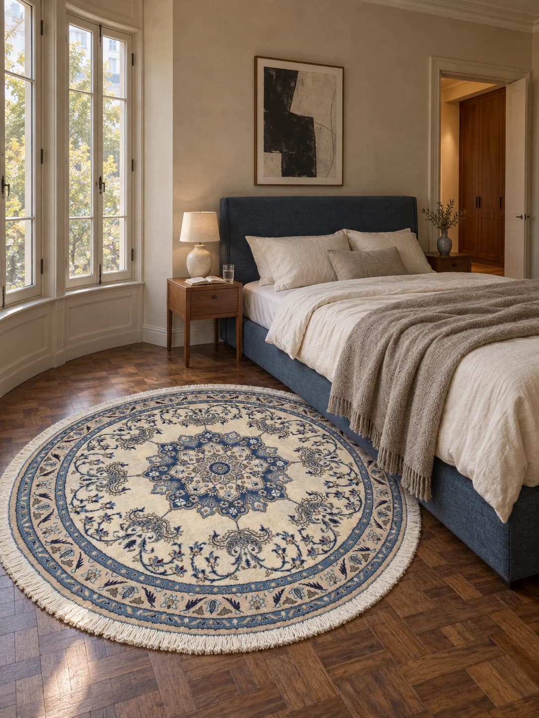 Alfombra persa Nain redonda, 200 cm de diámetro, principalmente en blanco y azul — En una habitación
