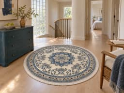 Alfombra persa Nain redonda, 200 cm de diámetro, principalmente en blanco y azul — En una habitación