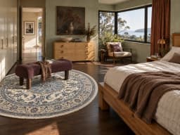 Persian Nain round rug, diameter 200 cm, mainly cream and blue — In a room