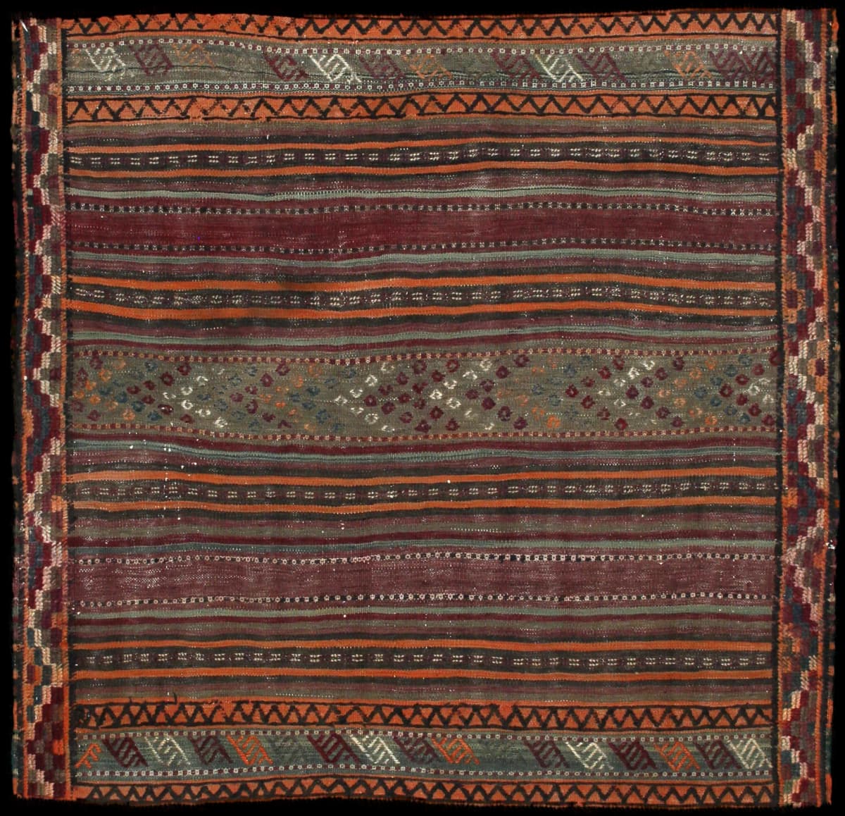 Persian rug of Sumak style in dimensions 129 centimeters length by 123 centimeters width