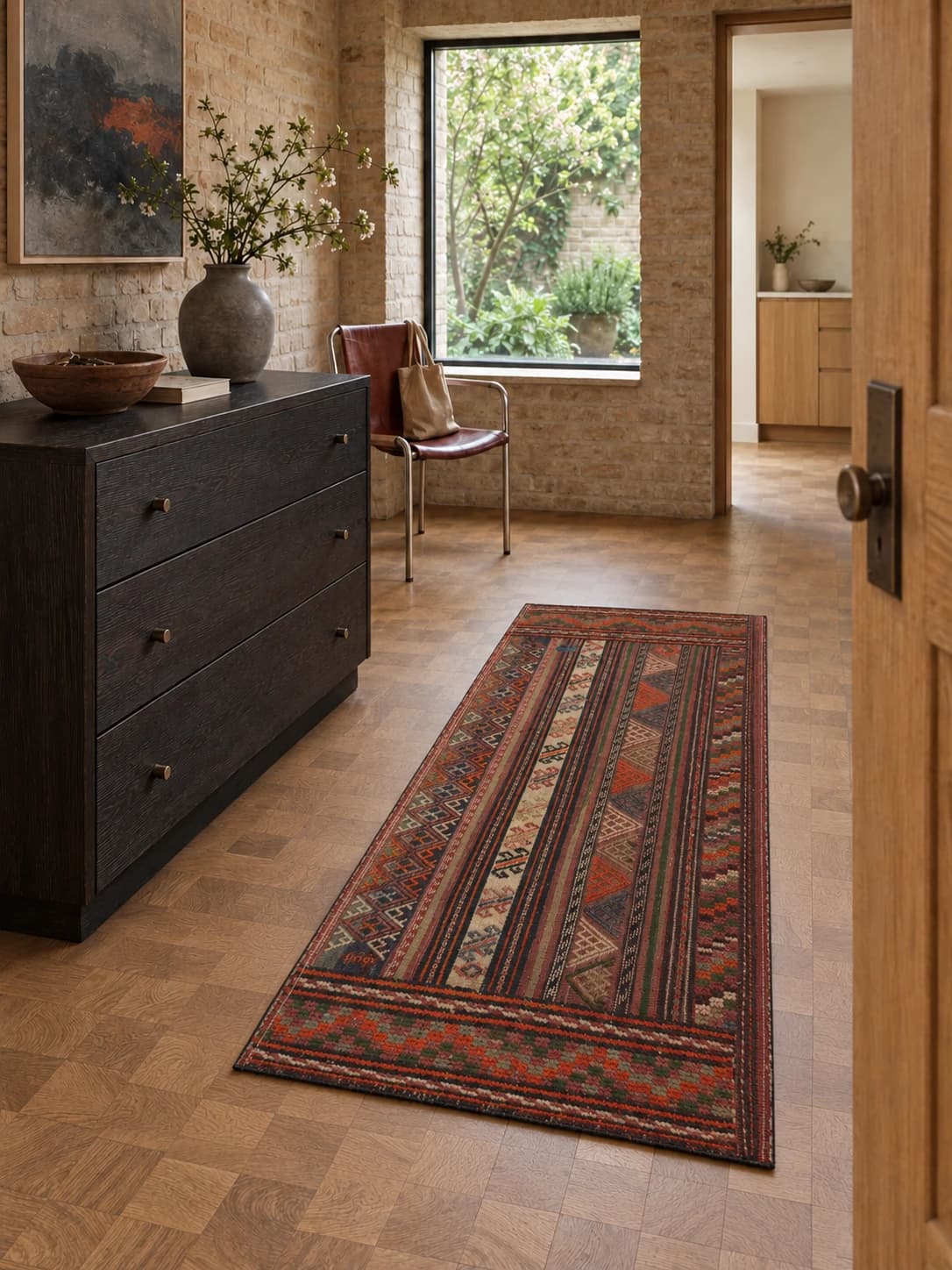 Alfombra persa kilim sumak, 65x160 cm, principalmente en naranja y marrón — En una habitación